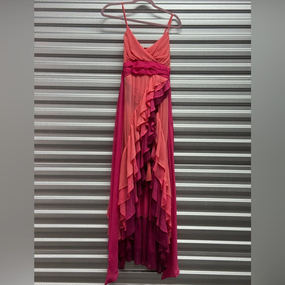 Storia Pink Asymmetrical Ruffled A-line Gown